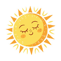 Cute Hand Drawn Sun Face Illustration with Closed Eyes and Smile