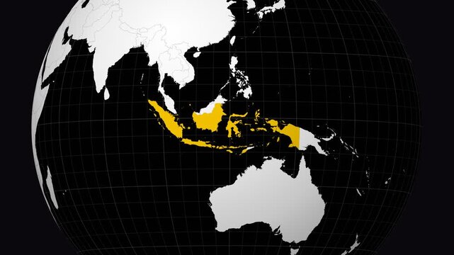 Indonesia map. Animated zoom into the country on the Globe in Black White color palette. Country logo animation. Map with meridians, parallels. Beautiful video.