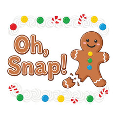 Fototapeta premium Cute Gingerbread Man with Broken Leg and Oh Snap Text in Festive Frame.