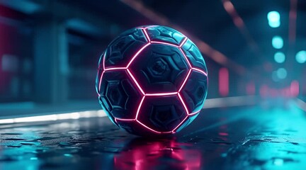 Glowing futuristic soccer ball with neon pink lines in a dark wet urban environment symbolizing technology and competitive sport - Powered by Adobe