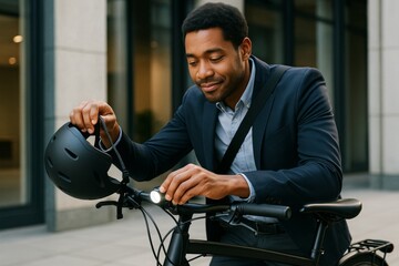 Confident businessman adjusting bike light while holding helmet, ready for eco-friendly commute on modern city background in daylight outdoors. Ai generative