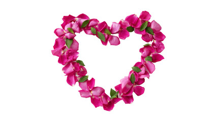 Obraz premium Heart-shaped arrangement of vibrant pink flower petals with green leaves, creating a romantic and decorative element for celebrations, weddings, or special occasions