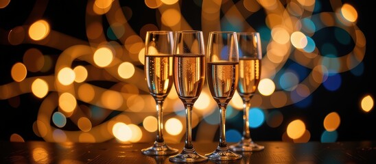 Champagne glasses against a festive bokeh background.
