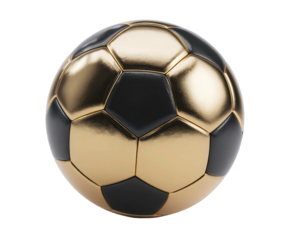 Golden and black soccer ball illustration with intricate panel details on transparent background