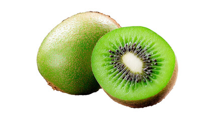 Fototapeta premium Fresh green kiwi fruit, whole and sliced, showcasing vibrant inner flesh and seeds, highlighting natural textures and colors, perfect for healthy eating and culinary presentations