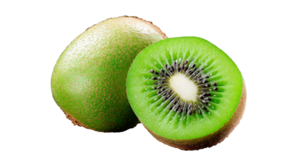 Fresh green kiwi fruit, whole and sliced, showcasing vibrant inner flesh and seeds, highlighting natural textures and colors, perfect for healthy eating and culinary presentations
