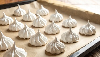 Delicate Meringue Kisses on Baking Sheet - A Sweet Treat.
