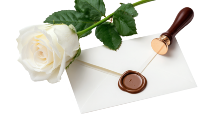 Elegant white rose placed beside a sealed envelope with wax stamp, symbolizing love and romance, perfect for heartfelt messages and special occasions