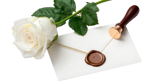 Elegant white rose placed beside a sealed envelope with wax stamp, symbolizing love and romance, perfect for heartfelt messages and special occasions