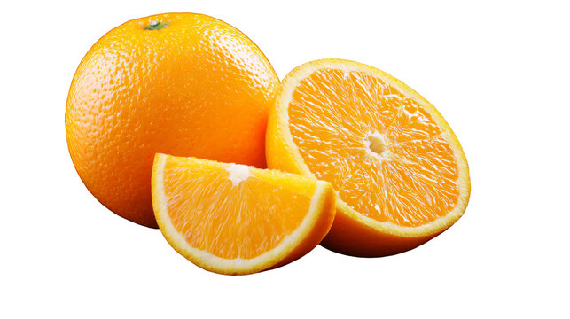 Fresh orange fruit, whole and sliced, showcasing vibrant color and juicy texture, ideal for healthy eating, cooking, or beverage preparation, with natural appeal