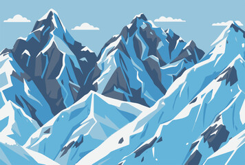 Vector illustration of a high snow covered mountain peak with sharp ridges and blue sky with clouds in the background	