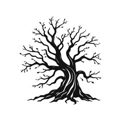 Stylized tree silhouette with curved trunk and leaves, nature emblem for eco design, or logo concept, tree vector silhouette, nature symbol, eco logo, forest emblem