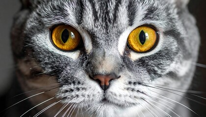 Close-up of a gray tabby cat's face, showcasing its vibrant amber eyes and intricate fur pattern