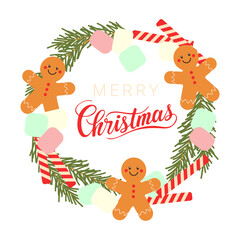 Merry Christmas card, lettering and round frame with fir wreath made of gingerbread cookies, marshmallows, and wafer rolls, festive winter design. 
