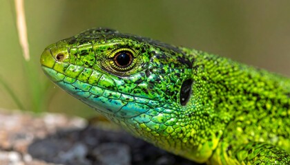 Close-up of a vibrant green lizard's head, showcasing intricate scale patterns against a blurred grassy background