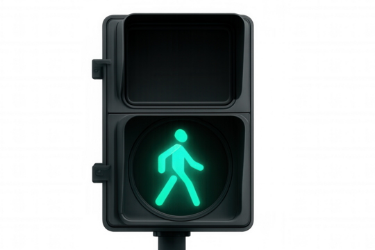Green pedestrian traffic light displaying walking person, indicating safe crossing for pedestrians on transparent background