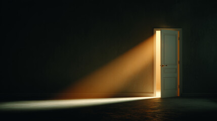 A minimalist conceptual interior scene showing a plain white door slightly ajar, a warm golden beam of light spilling softly into a dim neutral hallway
