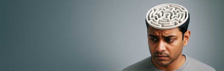 Confused man with maze inside head illustrating mental complexity and decision challenges on blue background with copyspace for creative concept.. Ai generative