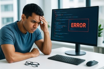 Frustrated programmer facing coding error on screen in modern office environment with natural light, expressing stressed state of mind concept. Ai generative
