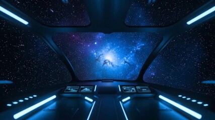 Spacecraft cockpit view of the galaxy with nebulae and stars