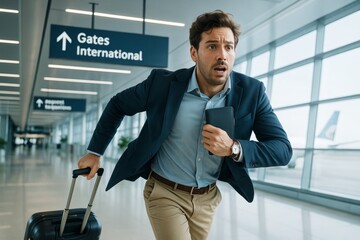 Worried businessman running through airport with suitcase and passport, rushing toward international gates in hurry under bright natural light. Ai generative