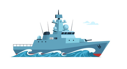 Modern Warship Sailing Through Wavy Ocean Waters.