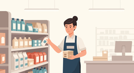 Friendly Employee Organizing Goods On Shelves At A Modern Grocery Store