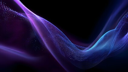 Fototapeta premium Abstract flowing luminous particles creating ethereal waves of vibrant purple and electric blue light against a deep dark background representing energy and motion