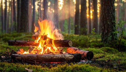 Cozy campfire crackles amongst a lush, mossy forest floor, trees silhouetted in golden light at sunset