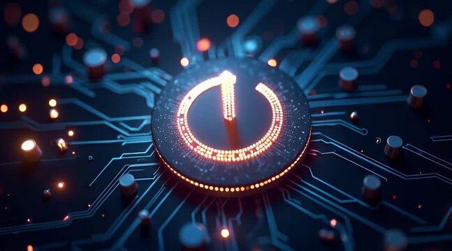 Futuristic Glowing Power Button Symbol on Abstract Digital Circuit Board Background Representing System Activation and Technology