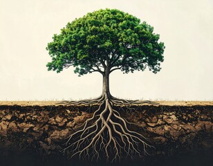 Detailed tree with deep roots in soil under a bright sky. Close-up shows soil detail