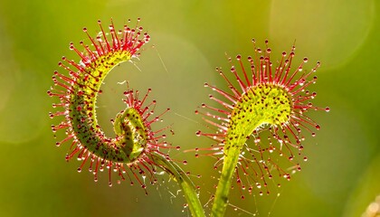 Dewy sundew plant with coiled green leaves and sticky red tentacles against a blurred, bright green background