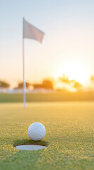 Obraz premium Golf ball near hole on green with flag in background at sunset creating warm light and peaceful atmosphere