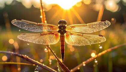 Dragonfly on a dew-covered plant, backlit by a bright morning sun creating a bokeh effect