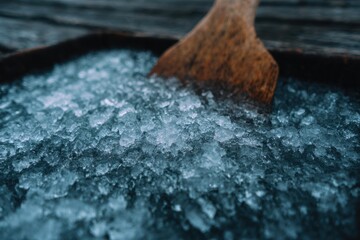 Fototapeta premium Ice crystals glisten in wooden bowl, inviting refreshing cold th