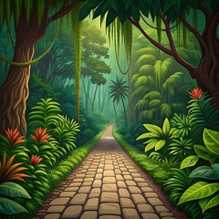 A stone path leads through a lush jungle with vibrant green vegetation