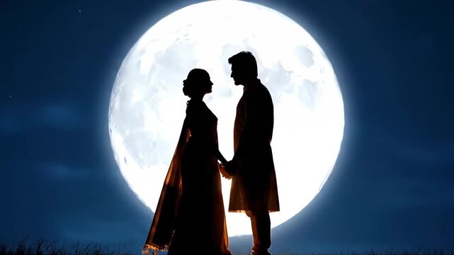 Romantic silhouette of a devoted indian couple holding hands under the majestic full moon during sacred karva karwa chauth karaka chaturthi festival celebration
