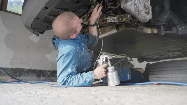 Man in coveralls lying on garage floor applying lanolin solution to hard to reach areas of vehicle rear suspension for rust protection during winter