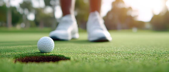 Golf ball near hole on green grass with blurred golf shoes in background during sunny day for golf sport enjoyment