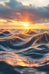 A wave is moving in the ocean at sunset