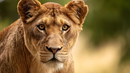 Fototapeta premium Lioness with a focused gaze and detailed fur, bathed in golden savanna light with a natural habitat backdrop.