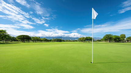 Obraz premium Golf course green with flagstick under blue sky and clouds on sunny day creating peaceful golf scene with trees and mountains in background
