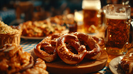Pretzels and Mug of beer on the table. Happy Oktoberfest! 