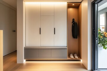A white and wood hallway with a coat rack