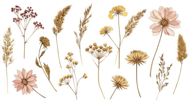 Elegant watercolor botanical elements perfect for rustic wedding invites and charming autumn designs, adding a touch of nature's beauty and serene sophistication