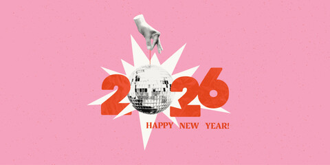 2026 New year art collage greeting banner template. Halftone hand holding shiny disco ball and cut out crumpled paper red numbers isolated on pink grainy background. Modern retro vector illustration