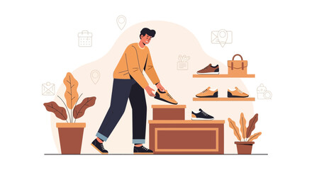 Fototapeta premium Man Arranging Sneakers In A Shoe Store Display, Ready For Customers To Inspect And Purchase