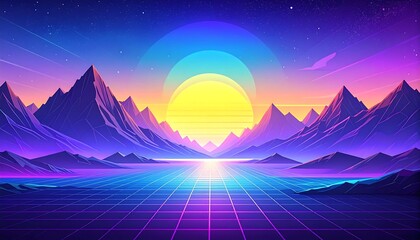 Retrowave landscape mountains, grid, setting sun, vibrant colors, and futuristic aesthetic create a nostalgic, digital scene