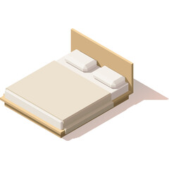 Isometric Beige Double Bed With Two White Pillows And A Light Brown Headboard On A Transparent White Background With Soft Shadow