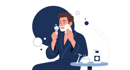 Man Shaving Face With Brush And Foam, Modern Vector Illustration Of Morning Routine